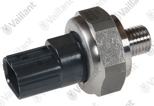 Öldrucksensor von Vaillant mit metallischem Anschluss und schwarzer Steckverbindung, typischerweise für Heizungsanwendungen.